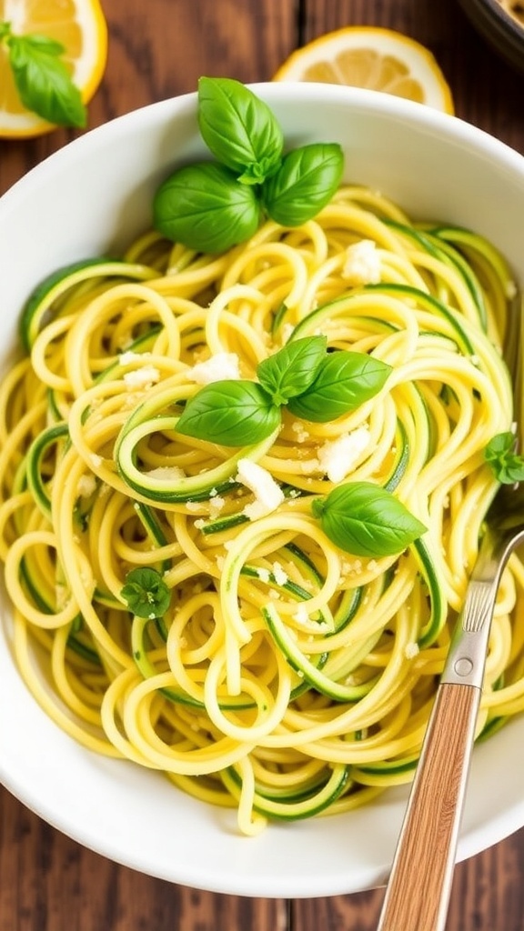 A colorful plate of zucchini lemon pasta with basil and Parmesan, served with a lemon half.